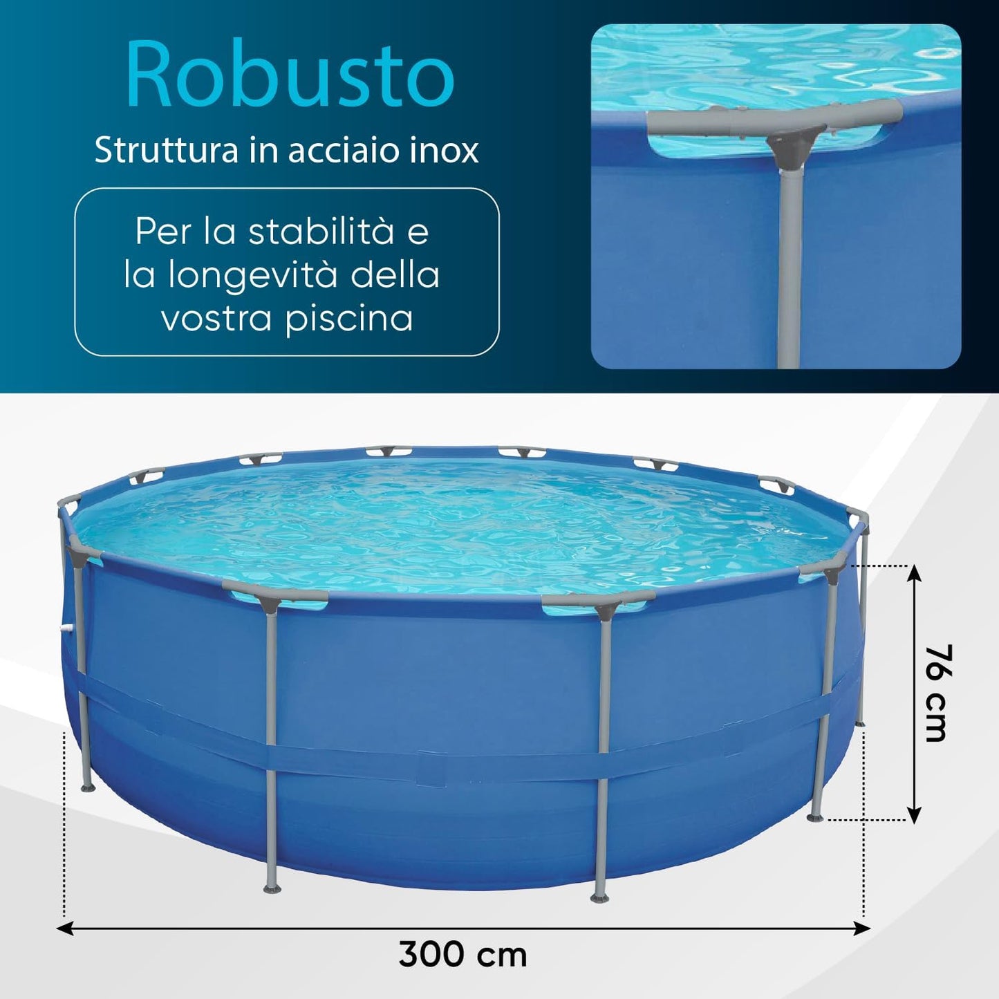Piscina da giardino con struttura in acciaio, set completo con pompa filtro, copertura del distributore di prodotti chimici, piscina rotonda con struttura in acciaio, set completo