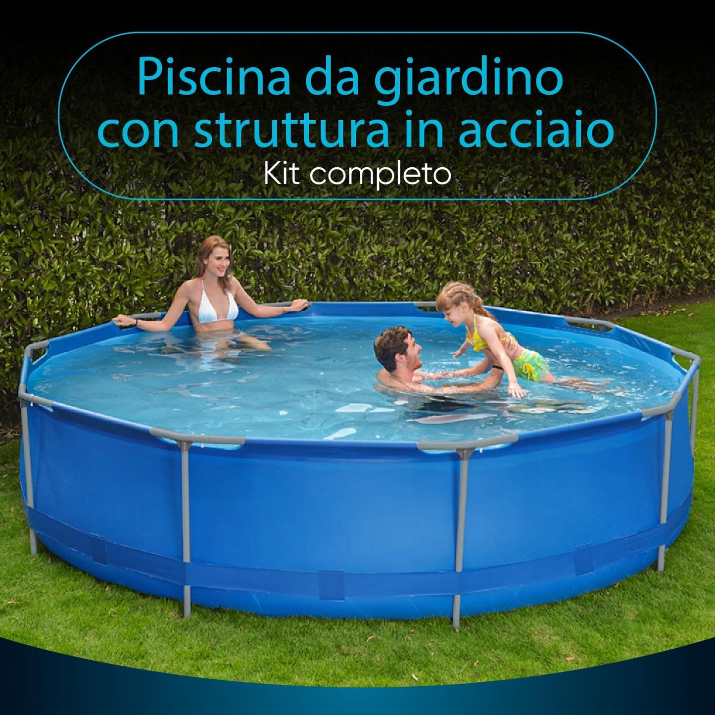 Piscina da giardino con struttura in acciaio, set completo con pompa filtro, copertura del distributore di prodotti chimici, piscina rotonda con struttura in acciaio, set completo