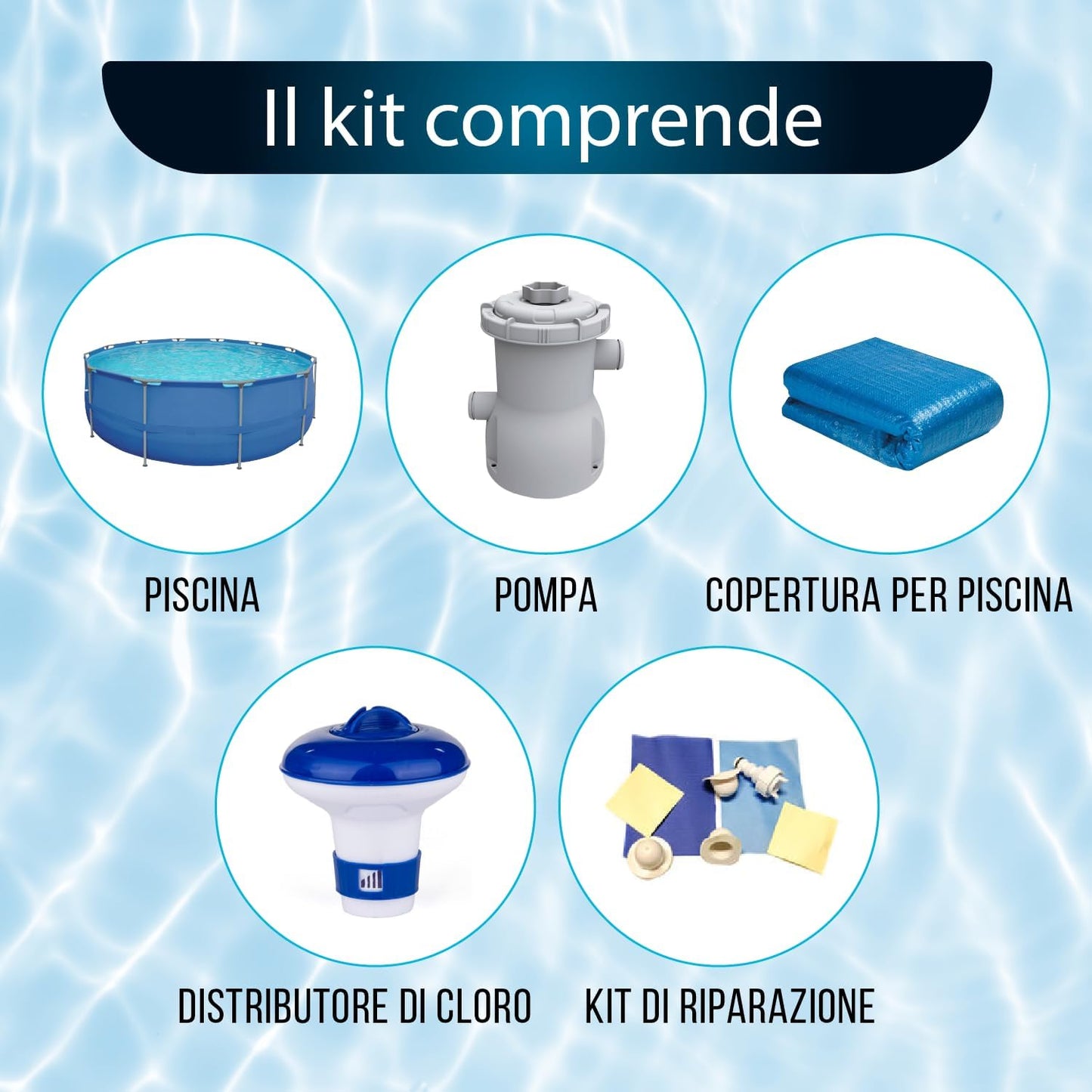 Piscina da giardino con struttura in acciaio, set completo con pompa filtro, copertura del distributore di prodotti chimici, piscina rotonda con struttura in acciaio, set completo