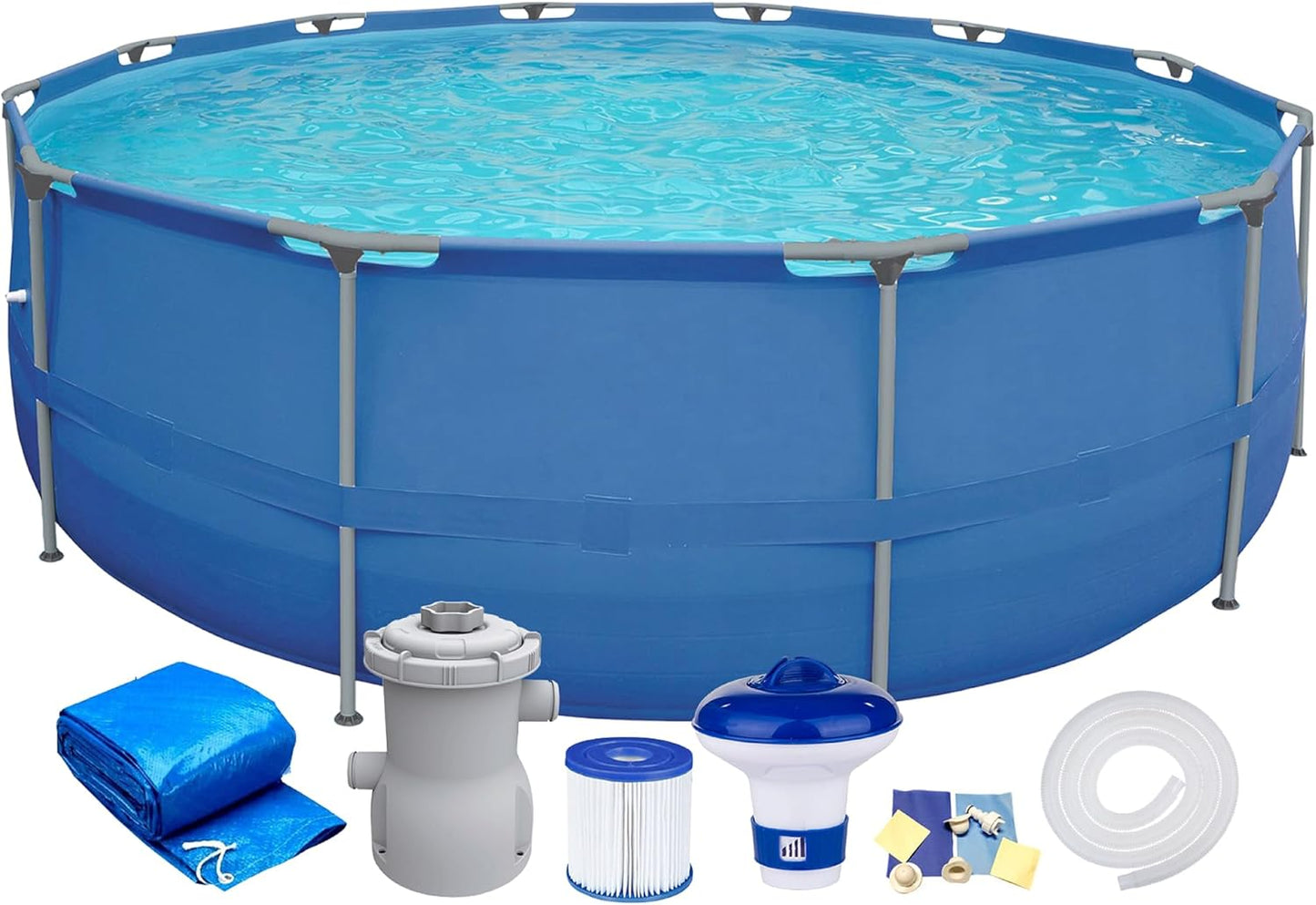 Piscina da giardino con struttura in acciaio, set completo con pompa filtro, copertura del distributore di prodotti chimici, piscina rotonda con struttura in acciaio, set completo