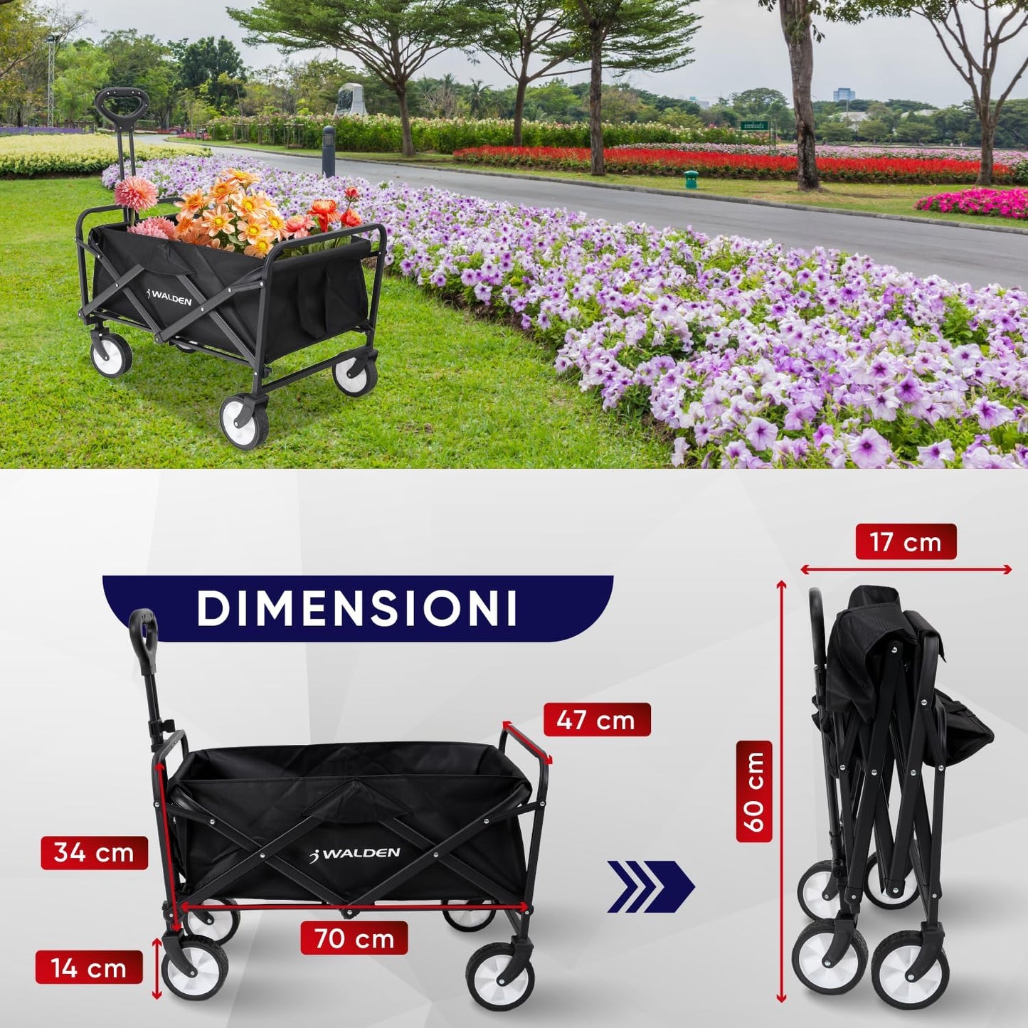Carrello pieghevole, carrello da spiaggia di grande capacità, carrello pieghevole robusto, carrello pieghevole portatile per sport, shopping, campeggio