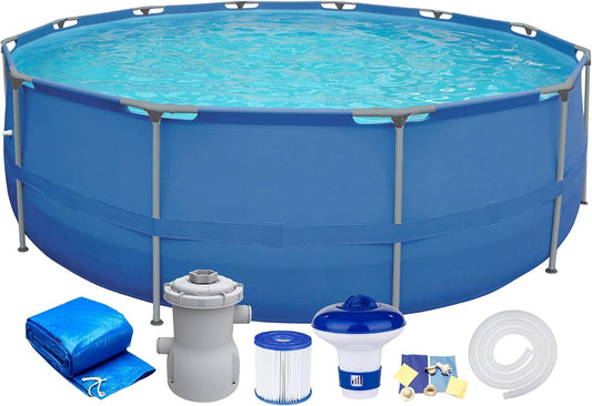 Piscina da giardino con struttura in acciaio, set completo con pompa filtro, copertura del distributore di prodotti chimici, piscina rotonda con struttura in acciaio, set completo
